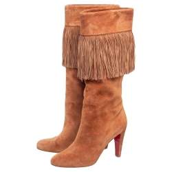 Pre Owned Christian Louboutin Tan Suede Majung 85 Fringe Mid Calf Boots Size 39.5