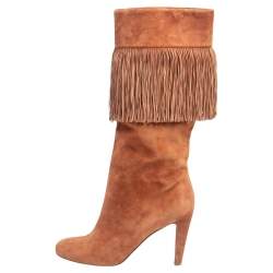 Pre Owned Christian Louboutin Tan Suede Majung 85 Fringe Mid Calf Boots Size 39.5