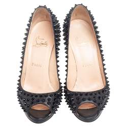 Christian Louboutin Black Leather Yolanda Spikes Peep Toe Pumps Size 37.5