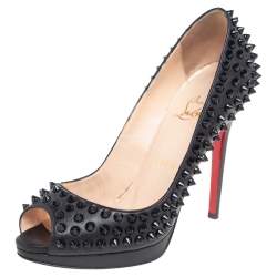 Christian Louboutin Black Leather Yolanda Spikes Peep Toe Pumps Size 37.5