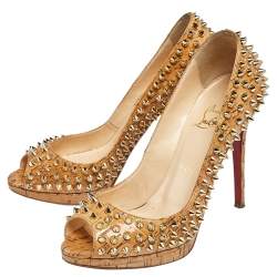 Christian Louboutin Beige Cork Spike Peep Toe Platform Pumps Size 37.5