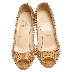 Christian Louboutin Beige Cork Spike Peep Toe Platform Pumps Size 37.5