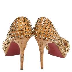 Christian Louboutin Beige Cork Spike Peep Toe Platform Pumps Size 37.5