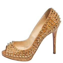 Christian Louboutin Beige Cork Spike Peep Toe Platform Pumps Size 37.5