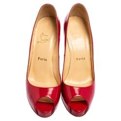 Christian Louboutin Red Patent Leather Lady Peep Toe Platform Pumps Size 39.5