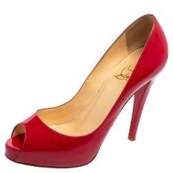 Christian Louboutin Red Patent Leather Lady Peep Toe Platform Pumps Size 39.5
