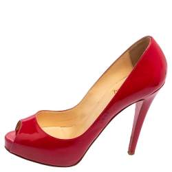 Christian Louboutin Red Patent Leather Lady Peep Toe Platform Pumps Size 39.5