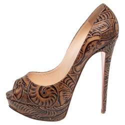 Christian Louboutin Brown Printed Leather Altadama Platform Peep Toe Pumps Size 40