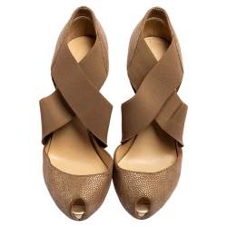 Pre Owned Christian Louboutin Beige Textured Leather Dorcet Peep Toe  Pumps Size 38.5