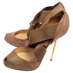 Pre Owned Christian Louboutin Beige Textured Leather Dorcet Peep Toe  Pumps Size 38.5