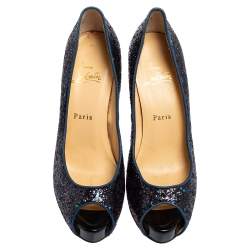 Pre Owned Christian Louboutin Metallic Blue Glitter and Fabric New Very Prive Peep Toe Pumps Size 39.5