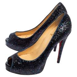 Pre Owned Christian Louboutin Metallic Blue Glitter and Fabric New Very Prive Peep Toe Pumps Size 39.5