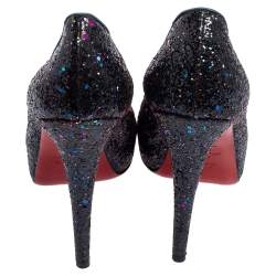 Pre Owned Christian Louboutin Metallic Blue Glitter and Fabric New Very Prive Peep Toe Pumps Size 39.5