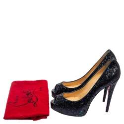 Pre Owned Christian Louboutin Metallic Blue Glitter and Fabric New Very Prive Peep Toe Pumps Size 39.5