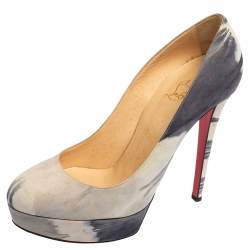 Pre Owned Christian Louboutin Grey/White Suede Marble Print Tie Dye Round-Toe Platform Pumps Size 39.5