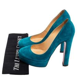 Pre Owned Christian Louboutin Blue Suede Bibi Platform Pumps Size 38