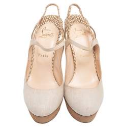 Christian Louboutin Beige Canvas and Snakeskin Fine Bretelle Slingback Pumps Size 39.5