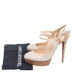 Christian Louboutin Beige Canvas and Snakeskin Fine Bretelle Slingback Pumps Size 39.5