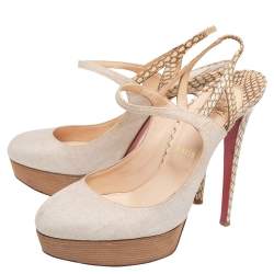 Christian Louboutin Beige Canvas and Snakeskin Fine Bretelle Slingback Pumps Size 39.5