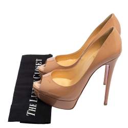 Pre Owned Christian Louboutin Beige Patent Leather Lady Peep-Toe Platform Pumps Size 39
