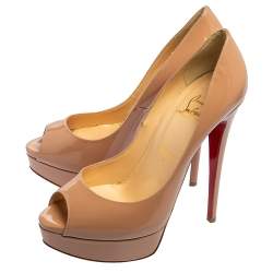 Pre Owned Christian Louboutin Beige Patent Leather Lady Peep-Toe Platform Pumps Size 39