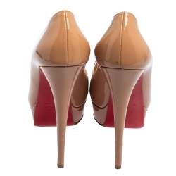 Pre Owned Christian Louboutin Beige Patent Leather Lady Peep-Toe Platform Pumps Size 39