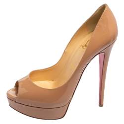 Pre Owned Christian Louboutin Beige Patent Leather Lady Peep-Toe Platform Pumps Size 39