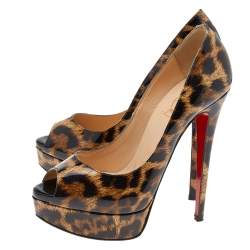 Pre Owned Christian Louboutin Brown Leopard Print Patent Leather Lady Peep Toe Platform Pumps Size 36.5