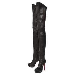 Pre Owned Christian Louboutin Black Leather Over Knee Length Boots Size 36.5 