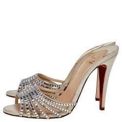 Pre Owned Christian Louboutin White Satin Strass Desir Slide Sandals Size 38.5
