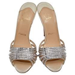 Pre Owned Christian Louboutin White Satin Strass Desir Slide Sandals Size 38.5