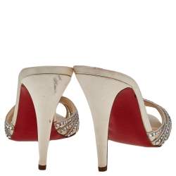 Pre Owned Christian Louboutin White Satin Strass Desir Slide Sandals Size 38.5
