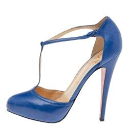 Pre Owned Christian Louboutin Blue Leather Me Pam T Strap Sandals Size 39.5