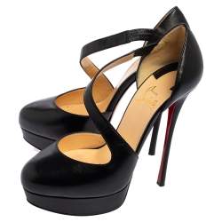 Pre Owned Christian Louboutin Black Leather Decalcoco Cross Strap Pumps 38.5