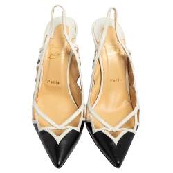 Pre Owned Christian Louboutin Black/White Leather Triangular Cut-Out Slingback Sandals Size 41