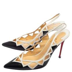 Pre Owned Christian Louboutin Black/White Leather Triangular Cut-Out Slingback Sandals Size 41