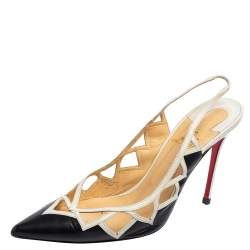 Pre Owned Christian Louboutin Black/White Leather Triangular Cut-Out Slingback Sandals Size 41