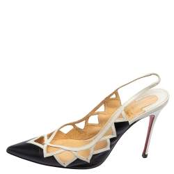 Pre Owned Christian Louboutin Black/White Leather Triangular Cut-Out Slingback Sandals Size 41