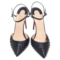 Pre Owned Christian Louboutin Black Leather Spike Baila Ankle-Strap Sandals Size 37