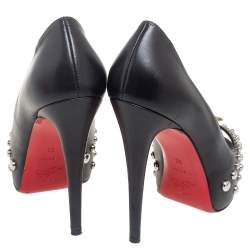 Pre Owned Christian Louboutin Black Leather Door Knock Studded Peep Toe Platform Pumps Size 38