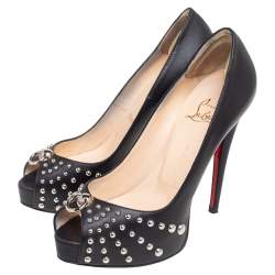 Pre Owned Christian Louboutin Black Leather Door Knock Studded Peep Toe Platform Pumps Size 38
