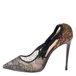 Pre Owned Christian Louboutin Black Lace And Satin Hot Jeanbi 100 Pointed Pumps Size 37.5