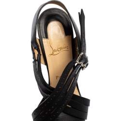 Pre Owned Christian Louboutin Black Leather Buckle Cross Strap Sandals Size 37