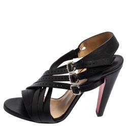 Pre Owned Christian Louboutin Black Leather Buckle Cross Strap Sandals Size 37