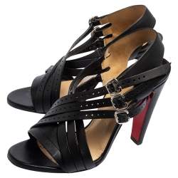 Pre Owned Christian Louboutin Black Leather Buckle Cross Strap Sandals Size 37