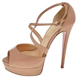 Pre Owned Christian Louboutin Beige Leather Cross Me Crisscross Platform Sandals Size 38.5