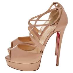 Pre Owned Christian Louboutin Beige Leather Cross Me Crisscross Platform Sandals Size 38.5