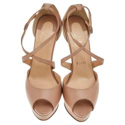 Pre Owned Christian Louboutin Beige Leather Cross Me Crisscross Platform Sandals Size 38.5