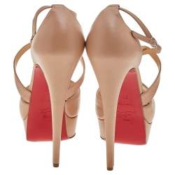 Pre Owned Christian Louboutin Beige Leather Cross Me Crisscross Platform Sandals Size 38.5
