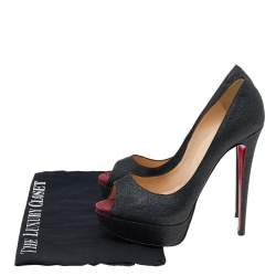 Christian Louboutin Black Shimmer Fabric New Very Prive Peep Toe Platform Pumps Size 38.5